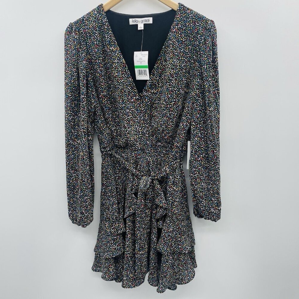 Lola‎ Grace Womens Size Large Printed Long Sleeve Tiered Ruffle Dress in Black